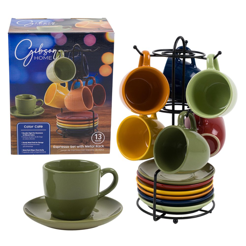 3oz Cup & Saucer Set with Metal Rack - 13pc